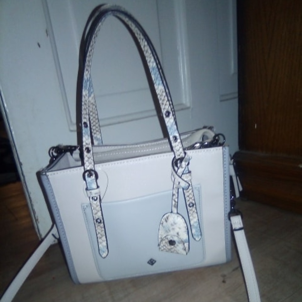 baby blue and grey snake skin bag